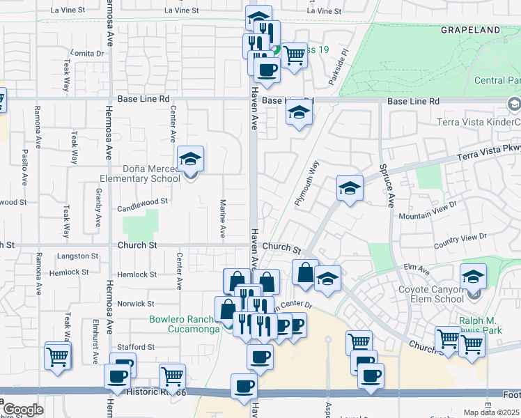 map of restaurants, bars, coffee shops, grocery stores, and more near 7643 Haven Avenue in Rancho Cucamonga