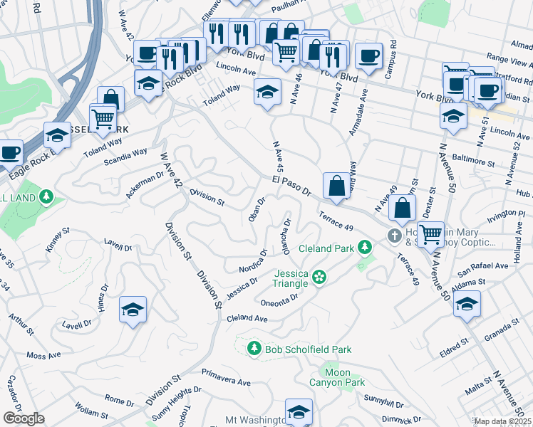 map of restaurants, bars, coffee shops, grocery stores, and more near 1225 Olancha Drive in Los Angeles