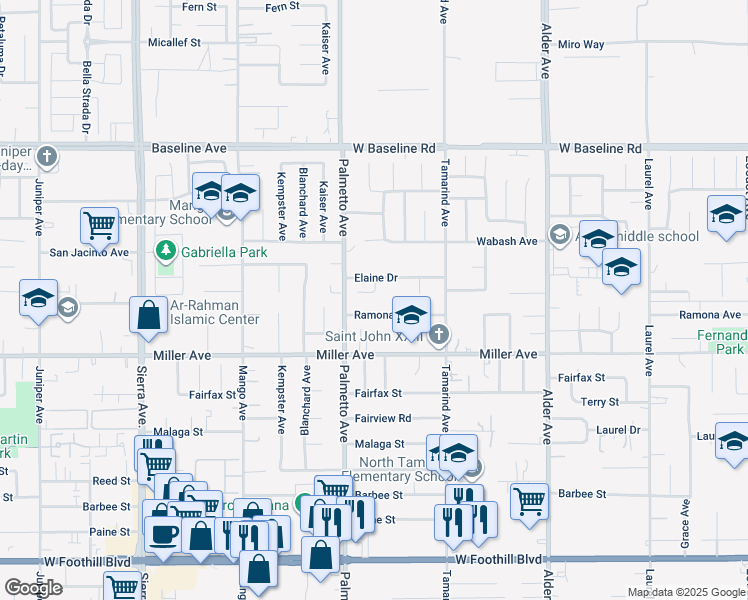 map of restaurants, bars, coffee shops, grocery stores, and more near 17337 Blossom Court in Fontana