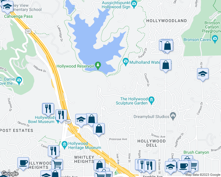 map of restaurants, bars, coffee shops, grocery stores, and more near 6425 Weidlake Drive in Los Angeles