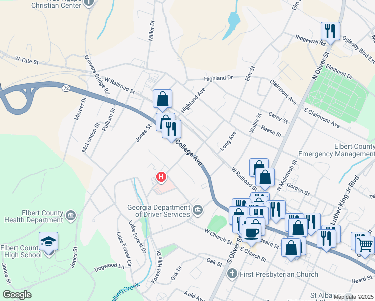 map of restaurants, bars, coffee shops, grocery stores, and more near 50 Laurel Drive in Elberton