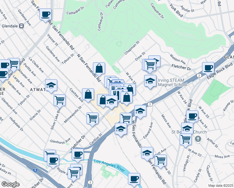 map of restaurants, bars, coffee shops, grocery stores, and more near 3131A North San Fernando Road in Los Angeles