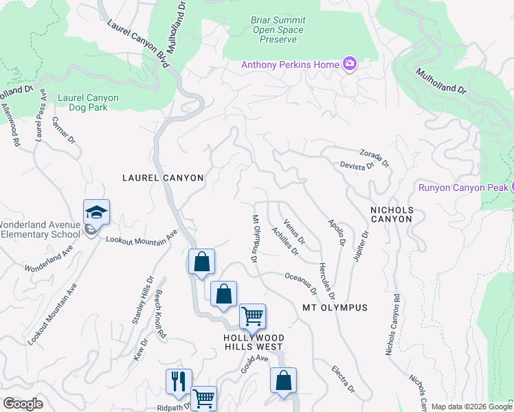 map of restaurants, bars, coffee shops, grocery stores, and more near 2481 Hercules Drive in Los Angeles