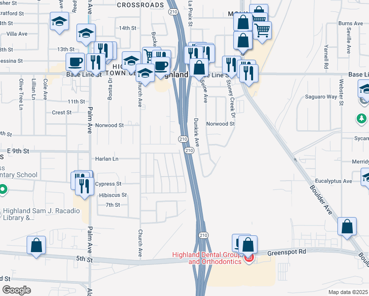 map of restaurants, bars, coffee shops, grocery stores, and more near Foothill Freeway in Highland