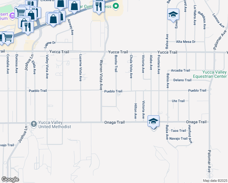 map of restaurants, bars, coffee shops, grocery stores, and more near 7509 Bonita Trail in Yucca Valley