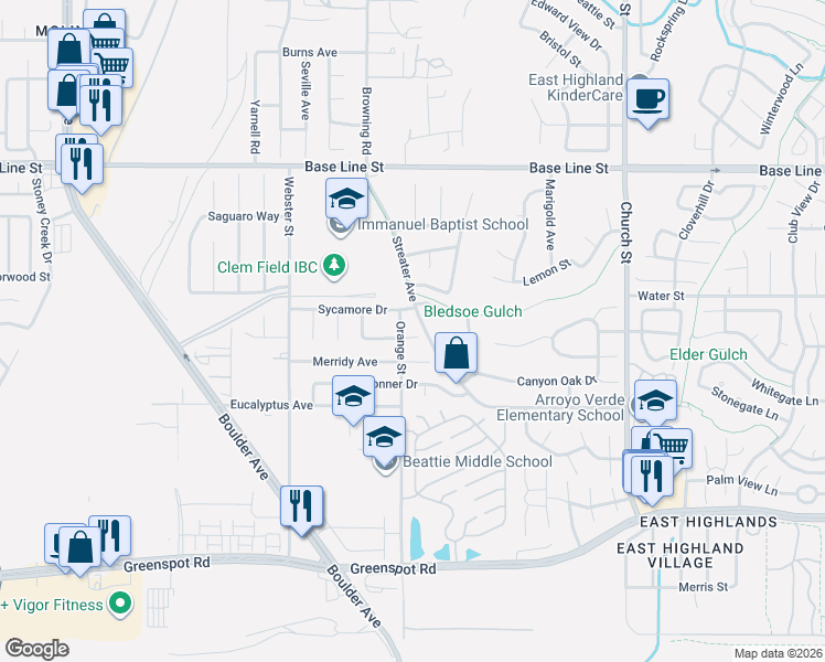 map of restaurants, bars, coffee shops, grocery stores, and more near 7559 Streater Avenue in Highland