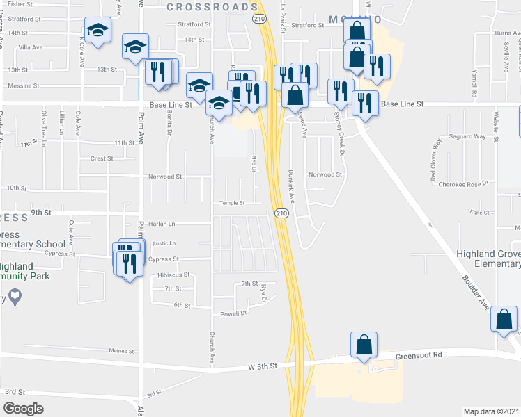 map of restaurants, bars, coffee shops, grocery stores, and more near 27651 Temple Street in Highland
