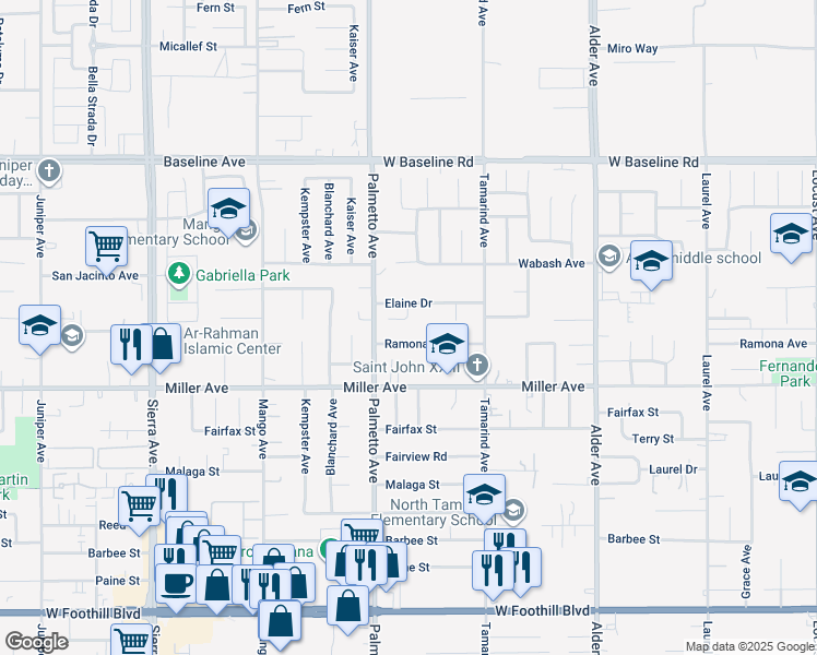 map of restaurants, bars, coffee shops, grocery stores, and more near 17337 Blossom Court in Fontana