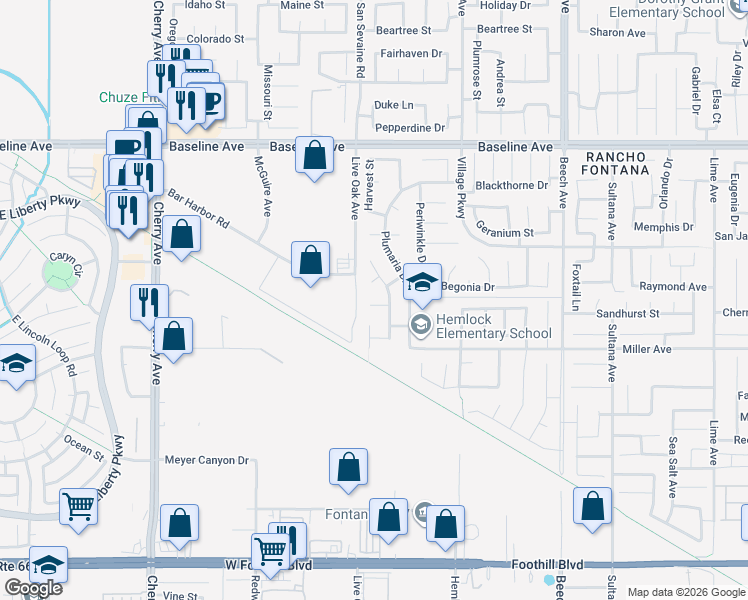 map of restaurants, bars, coffee shops, grocery stores, and more near 7581 Honeysuckle Street in Fontana