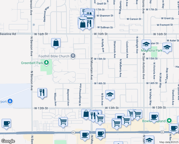 map of restaurants, bars, coffee shops, grocery stores, and more near 1447 North Mountain Avenue in Upland