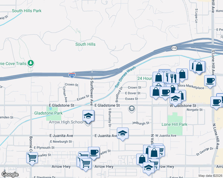 map of restaurants, bars, coffee shops, grocery stores, and more near 955 Shady Lane in Glendora