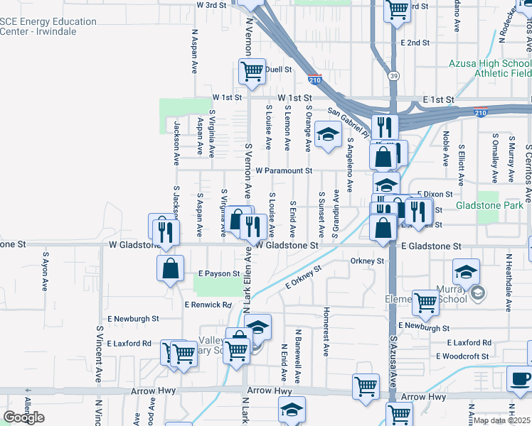 map of restaurants, bars, coffee shops, grocery stores, and more near 401 South Louise Avenue in Azusa