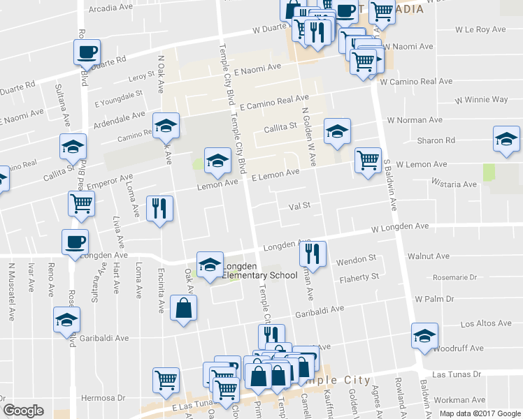 map of restaurants, bars, coffee shops, grocery stores, and more near 9616 Val Street in Temple City