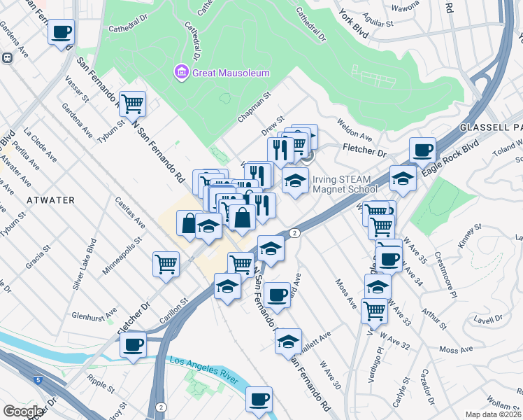 map of restaurants, bars, coffee shops, grocery stores, and more near 3100 Fletcher Drive in Los Angeles