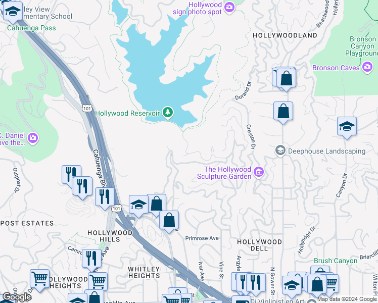 map of restaurants, bars, coffee shops, grocery stores, and more near 6425 Weidlake Drive in Los Angeles