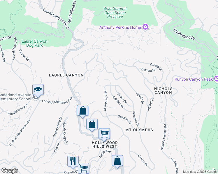 map of restaurants, bars, coffee shops, grocery stores, and more near 2481 Hercules Drive in Los Angeles