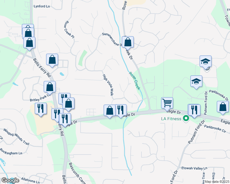 map of restaurants, bars, coffee shops, grocery stores, and more near 3004 High Vista Walk in Woodstock