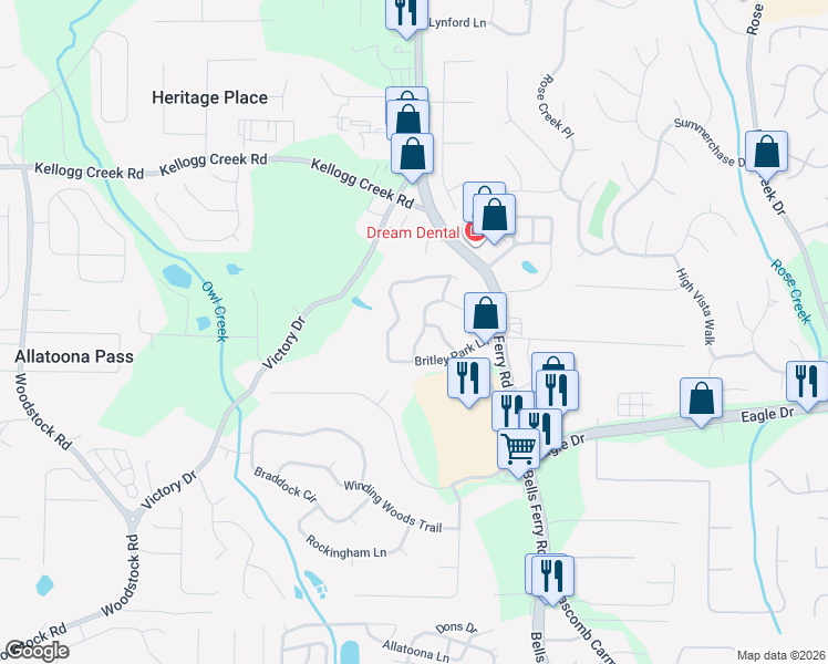 map of restaurants, bars, coffee shops, grocery stores, and more near 2013 Britley Park Crossing in Woodstock