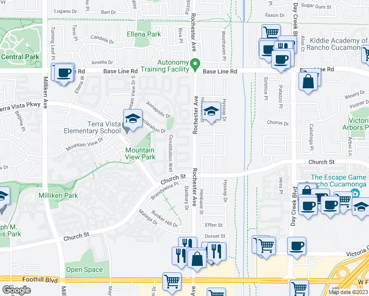 map of restaurants, bars, coffee shops, grocery stores, and more near 11859 Bunker Drive in Rancho Cucamonga
