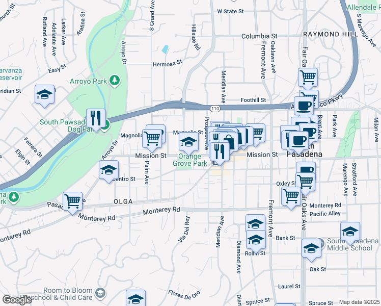 map of restaurants, bars, coffee shops, grocery stores, and more near 806 Mission Street in South Pasadena