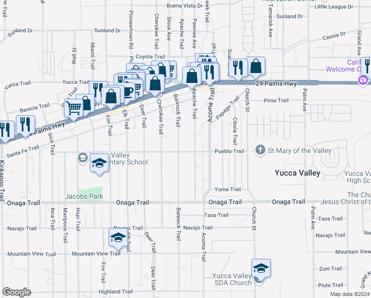 map of restaurants, bars, coffee shops, grocery stores, and more near 56032 Pueblo Trail in Yucca Valley