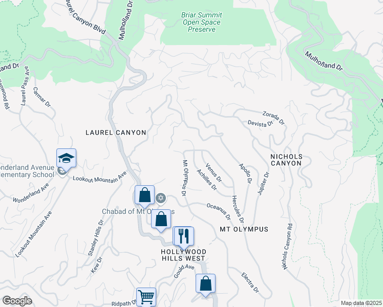 map of restaurants, bars, coffee shops, grocery stores, and more near 2463 Achilles Drive in Los Angeles