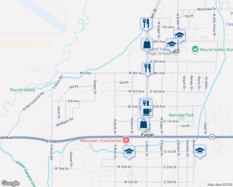 map of restaurants, bars, coffee shops, grocery stores, and more near 189 West 3rd Avenue in Eagar