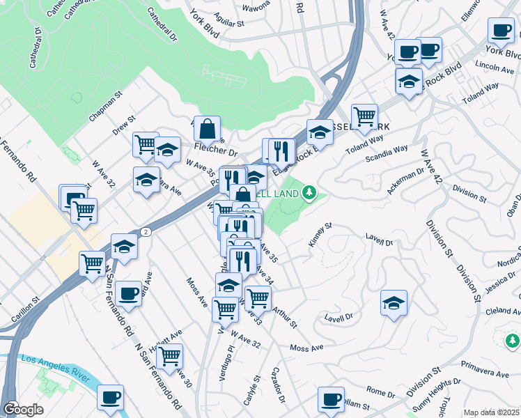 map of restaurants, bars, coffee shops, grocery stores, and more near 3561 Verdugo Road in Los Angeles