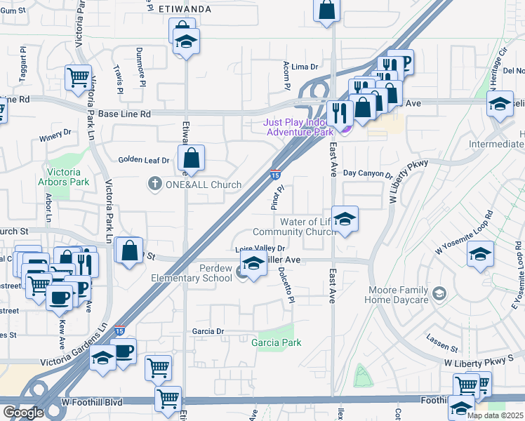 map of restaurants, bars, coffee shops, grocery stores, and more near 13102 River Oaks Drive in Rancho Cucamonga