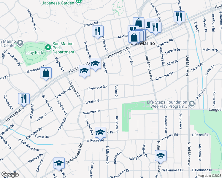 map of restaurants, bars, coffee shops, grocery stores, and more near 1805 West Drive in San Marino