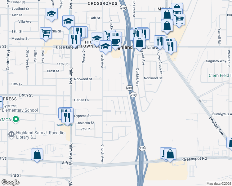 map of restaurants, bars, coffee shops, grocery stores, and more near 27581 Temple Street in Highland
