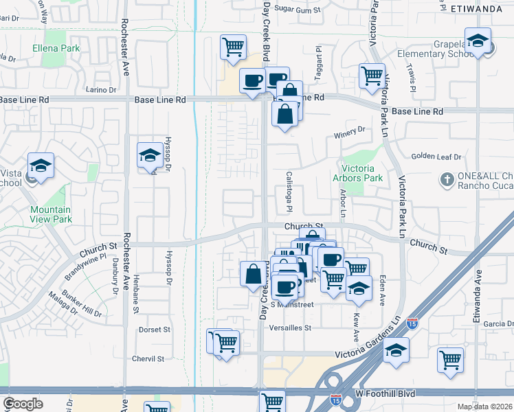 map of restaurants, bars, coffee shops, grocery stores, and more near 7577 Silver Oak Place in Rancho Cucamonga