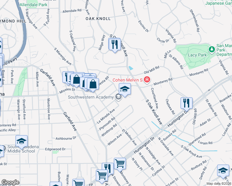map of restaurants, bars, coffee shops, grocery stores, and more near 2814 Fleur Drive in San Marino