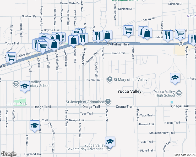 map of restaurants, bars, coffee shops, grocery stores, and more near 56240 Pueblo Trail in Yucca Valley