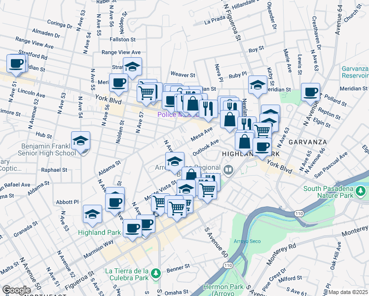 map of restaurants, bars, coffee shops, grocery stores, and more near 6122 Mesa Avenue in Los Angeles