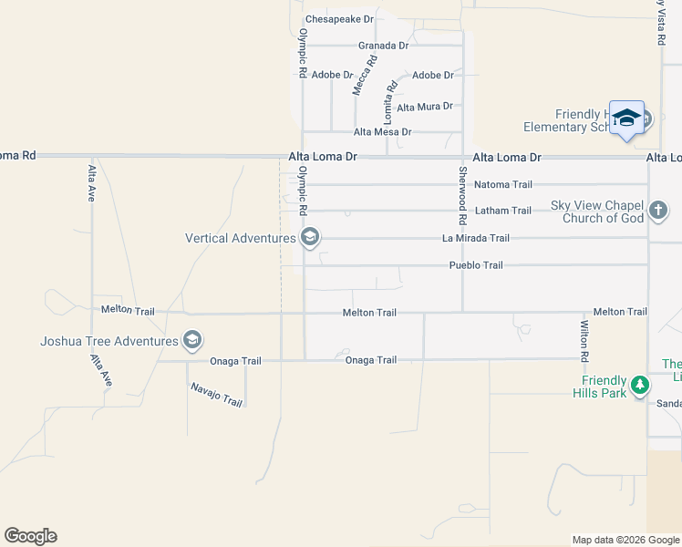 map of restaurants, bars, coffee shops, grocery stores, and more near 60235 Pueblo Trail in Joshua Tree