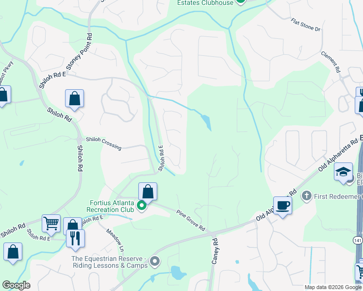 map of restaurants, bars, coffee shops, grocery stores, and more near 6570 Ridgefield Drive in Alpharetta