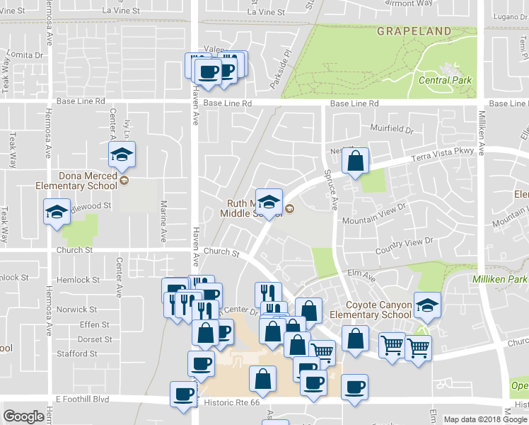 map of restaurants, bars, coffee shops, grocery stores, and more near 10725 Hampton Place in Rancho Cucamonga