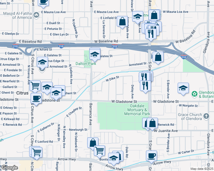 map of restaurants, bars, coffee shops, grocery stores, and more near 1251 South Prospero Drive in Glendora