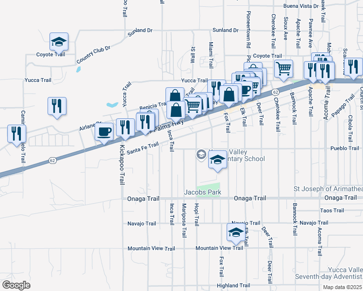 map of restaurants, bars, coffee shops, grocery stores, and more near 55540 Pueblo Trail in Yucca Valley