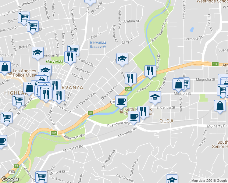 map of restaurants, bars, coffee shops, grocery stores, and more near 526 Chestnut Avenue in Los Angeles