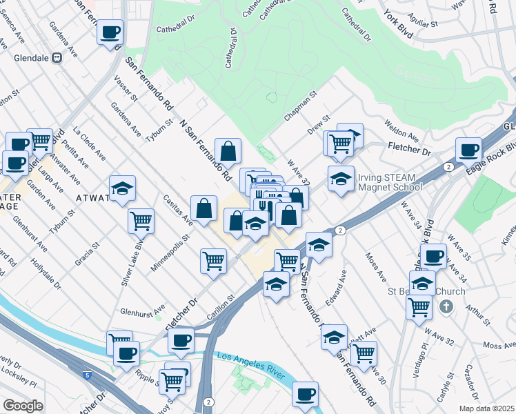 map of restaurants, bars, coffee shops, grocery stores, and more near 3131A North San Fernando Road in Los Angeles