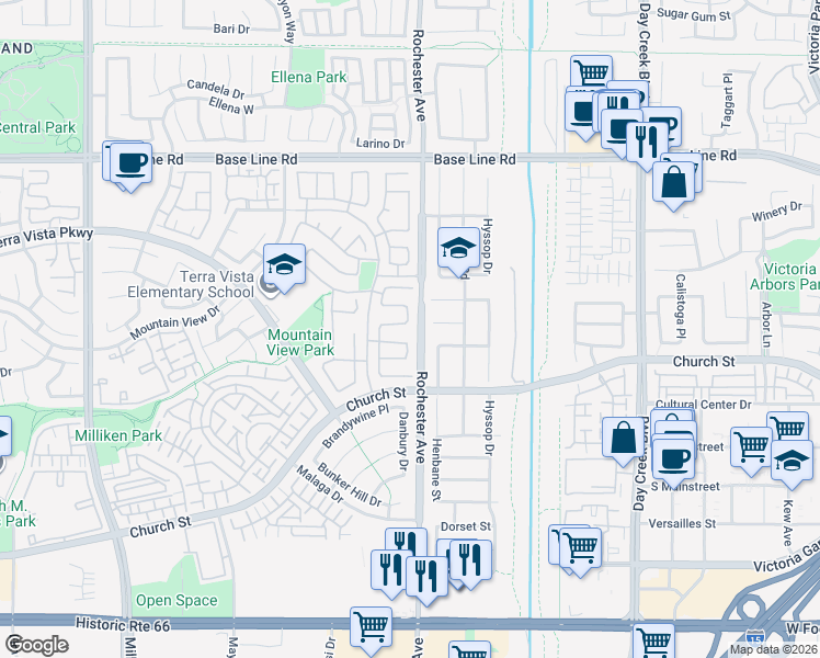 map of restaurants, bars, coffee shops, grocery stores, and more near 11879 Bunker Drive in Rancho Cucamonga