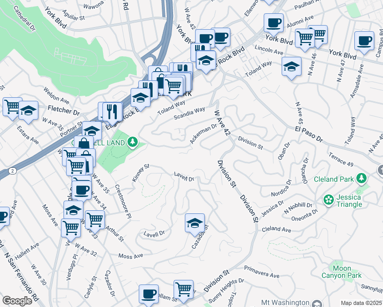 map of restaurants, bars, coffee shops, grocery stores, and more near 3833 Inglis Drive in Los Angeles