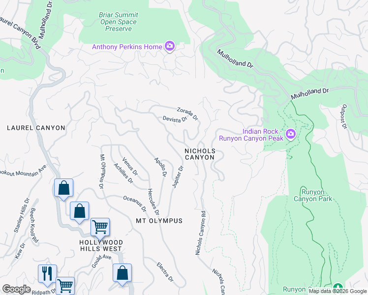 map of restaurants, bars, coffee shops, grocery stores, and more near 7518 Willow Glen Road in Los Angeles