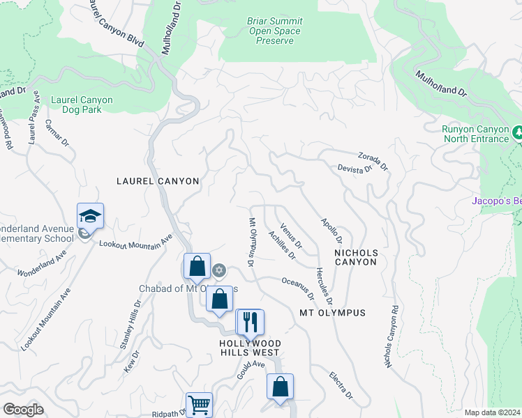 map of restaurants, bars, coffee shops, grocery stores, and more near 2463 Achilles Drive in Los Angeles