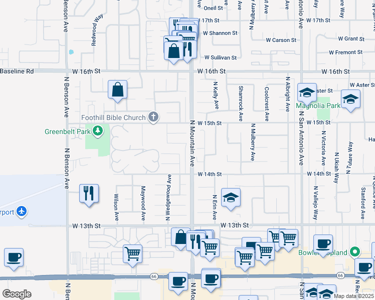 map of restaurants, bars, coffee shops, grocery stores, and more near 1447 North Mountain Avenue in Upland