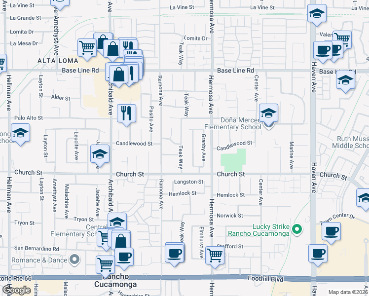 map of restaurants, bars, coffee shops, grocery stores, and more near 7598 Dartmouth Avenue in Rancho Cucamonga
