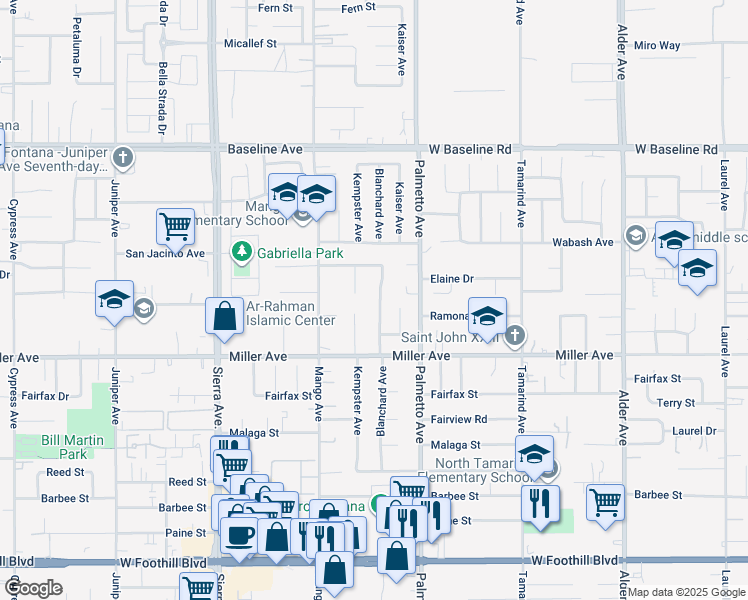 map of restaurants, bars, coffee shops, grocery stores, and more near 7590 Blanchard Avenue in Fontana