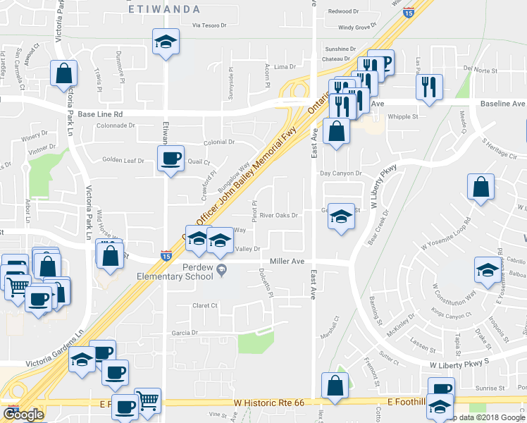 map of restaurants, bars, coffee shops, grocery stores, and more near 13162 River Oaks Drive in Rancho Cucamonga